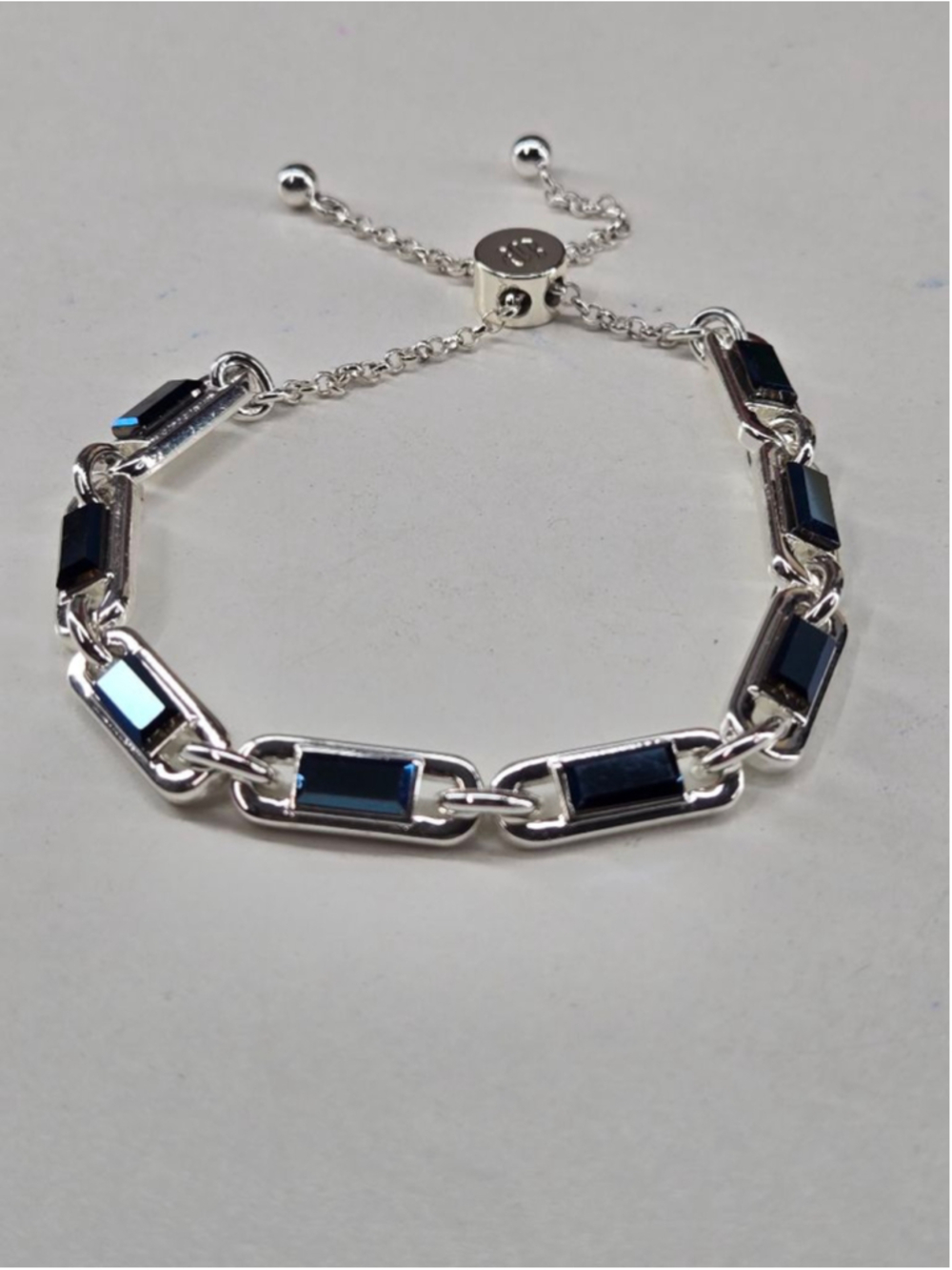 Bomb Party Bracelet Silvertone Rhodium Plated & Dark Blue Gemstone Bolo Style